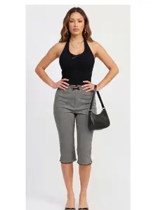 Juliette High Waist Bow & Lace Trim Gingham Print Capri Pants - Womenswear Pants, Trendy Gingham Plaid Print Bow Detail Capri Pants, Trendy Spring Summer Outfits for Women