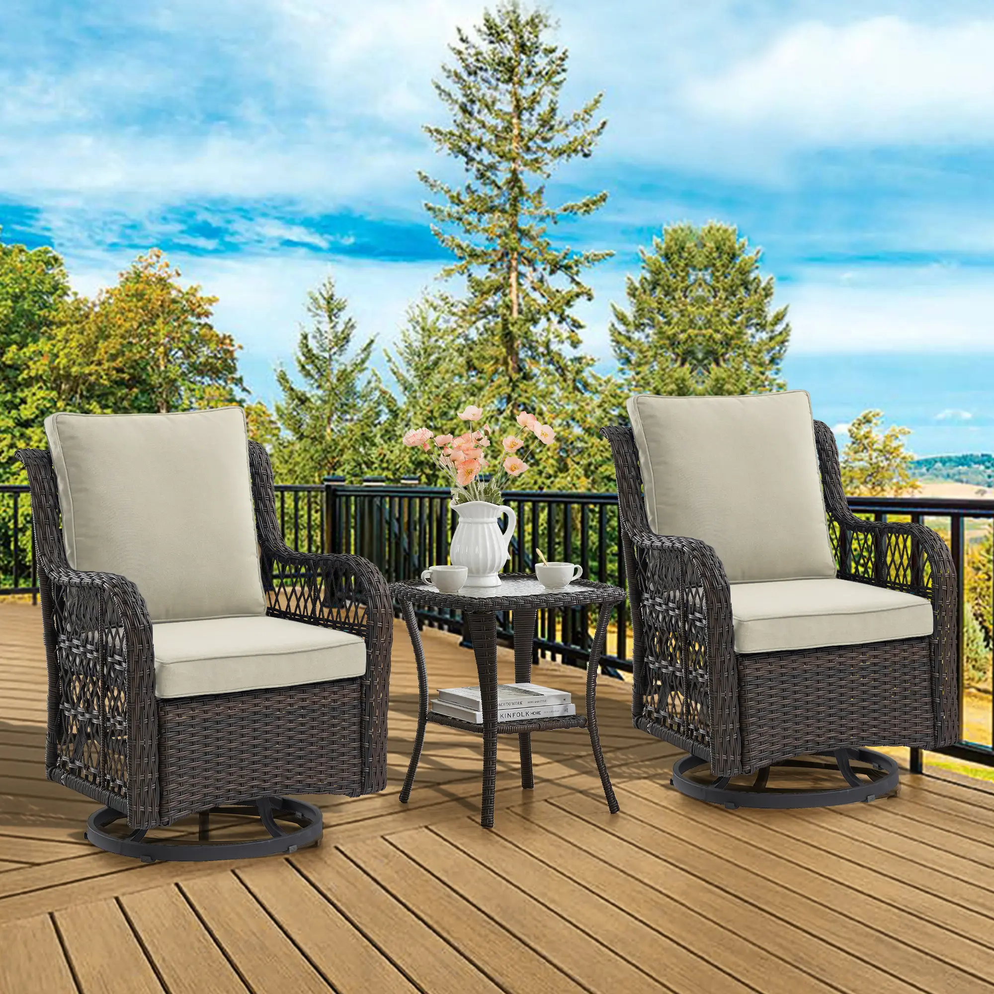 Summervibes Flash sale home items All-weather Wicker Swivel Rocking Bistro Set, 3-Piece Patio Conversation Furniture – Swivel Rocker Chairs with Cushions & Tempered Glass Table – For Porch, Backyard, Balcony