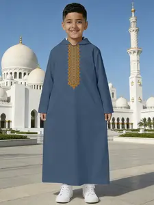 Boys' Eid Hooded Thobe Slate Blue with Gold Embroidery