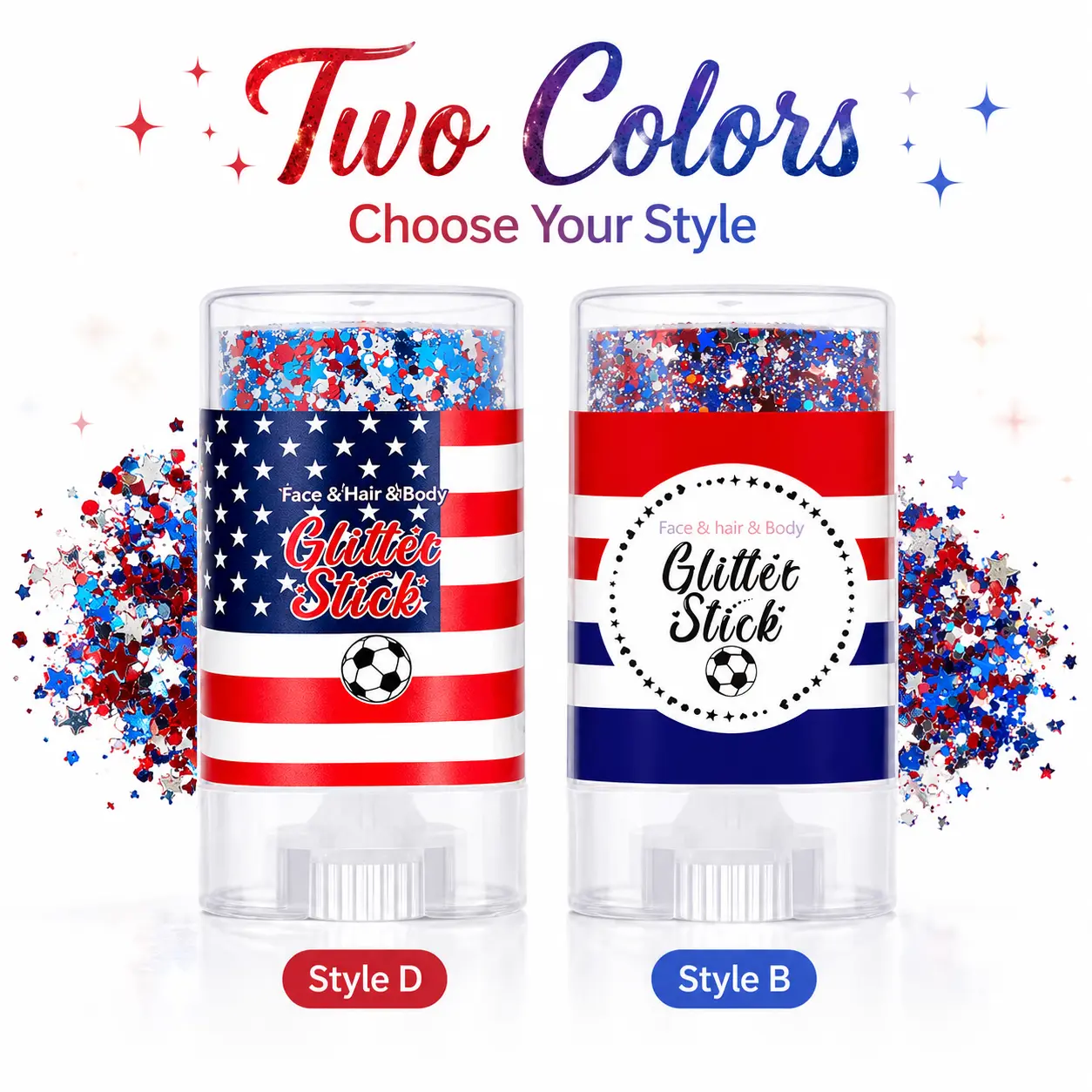 Red/White/Blue glitter stick for face, body, and hair; patriotic star sparkle makeup for Independence Day (July 4); easy-to-apply glitter for game day, party, and festival looks Cosmetic