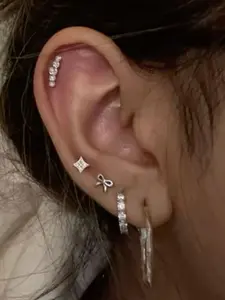 Women's Silver Color Bow Earrings Set, Perfect for Daily Wear & Music Festivals, Stylish Stackable Jewelry Accessories