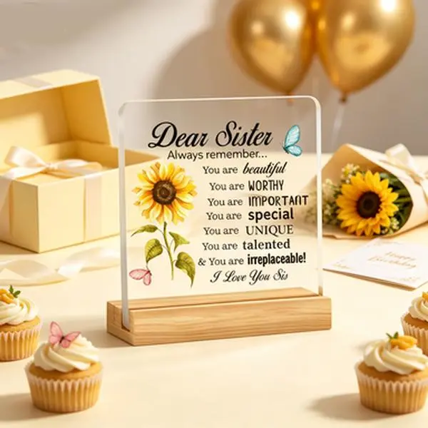 Square Acrylic Desk Plaque with Wooden Stand - Minimalist Sunflower Butterfly Design, Positive Quotes Display Decorative Message Sign, Memorial Home Decor, Birthday Gifts for Sister, Thanksgiving Present