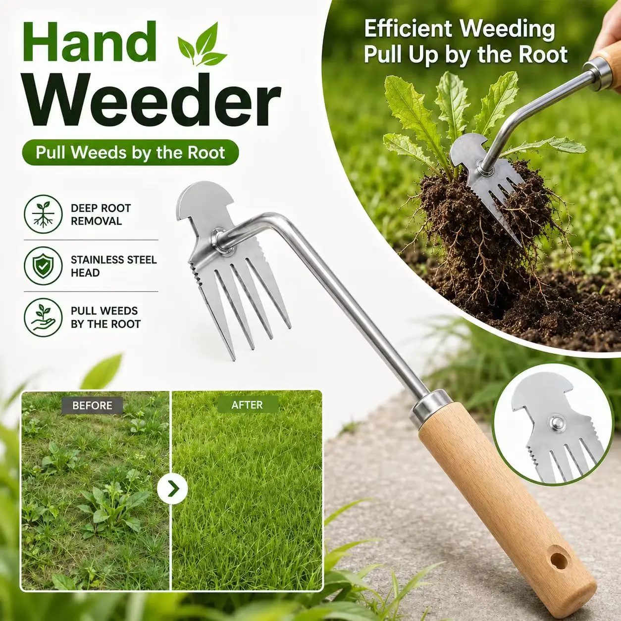 Stainless Steel Garden Hand Weeder (10.6in) - Metal Weed Clearing Hoes & Rakes, Easy Deep Root Removal Soil Gardening Tool, Durable Lawn Tool