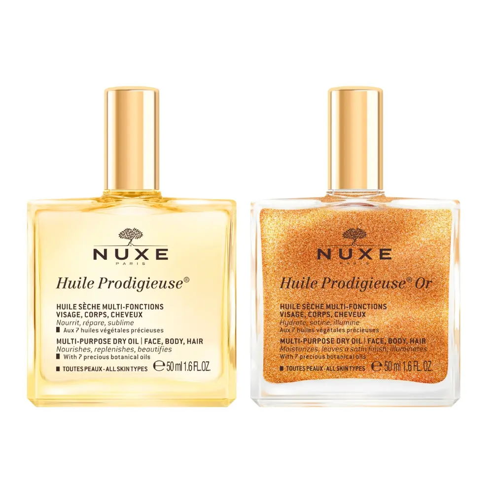NUXE Everyday + Shimmer Glow Oil Duo Face, Body & Hair , 2 x 1.6 Fl Oz - Huile Prodigieuse Multi-Purpose Dry Oil Duo
