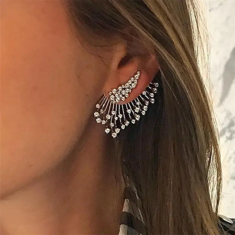 One Side Antique Silver Color Crystal Women Stud Earrings Hollow Wings Hiphop Ear Accessories Boho Asymmetrical Female Earring