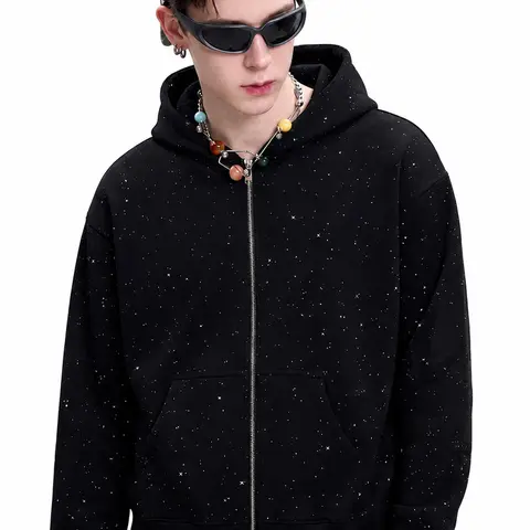 TELLFUN 2026 New Men's Sequined Oversized Loose Hooded Sweatshirt - Long Sleeve Zipper Hoodie with Pockets, Casual Streetwear for Daily Wear & Casual Party, Fall Menswear Tops
