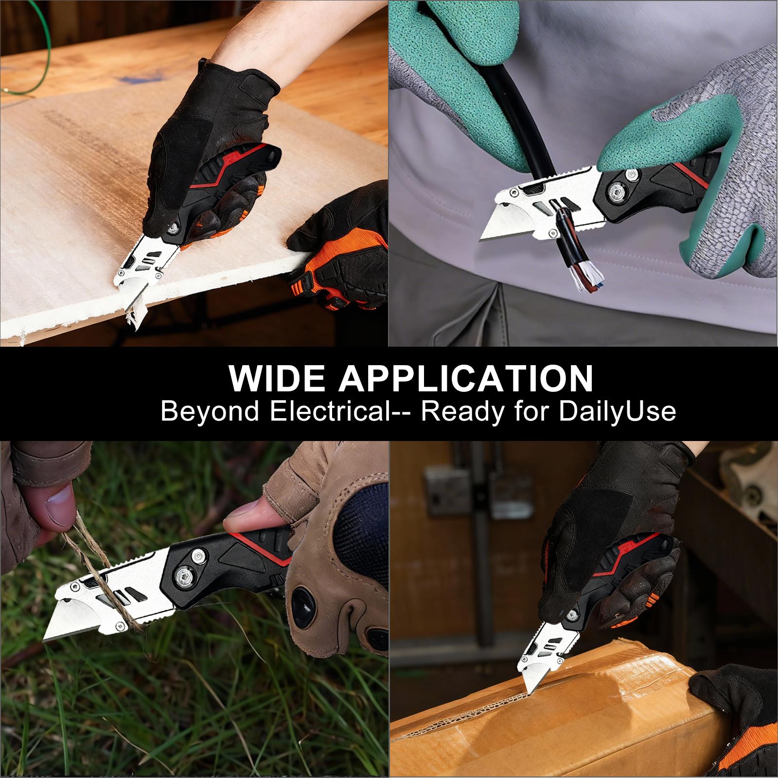 Heavy Duty Folding Box Cutter with 6 Blades, Quick Release Utility Knife, 3 Position Safety Cutter with Ergonomic Grip and Blade Storage for Cardboard, Vinyl, Carpet and DIY Use