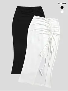 Women's Plain Ruched Split Thigh Skirt, Casual Bodycon Skirt, Summer Clothes Women, Fashion Women's Skirt for Daily Wear, Summer Outfits 2024, Bottom