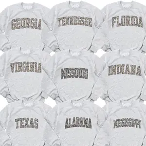 Camo State Name Sweatshirt – Ash Grey, Custom College, State College Varsity Name Pullover Varsity Camouflage State Sweatshirts Varsity Collage Shirt, Game Day Shirt, Menswear & Womenswear