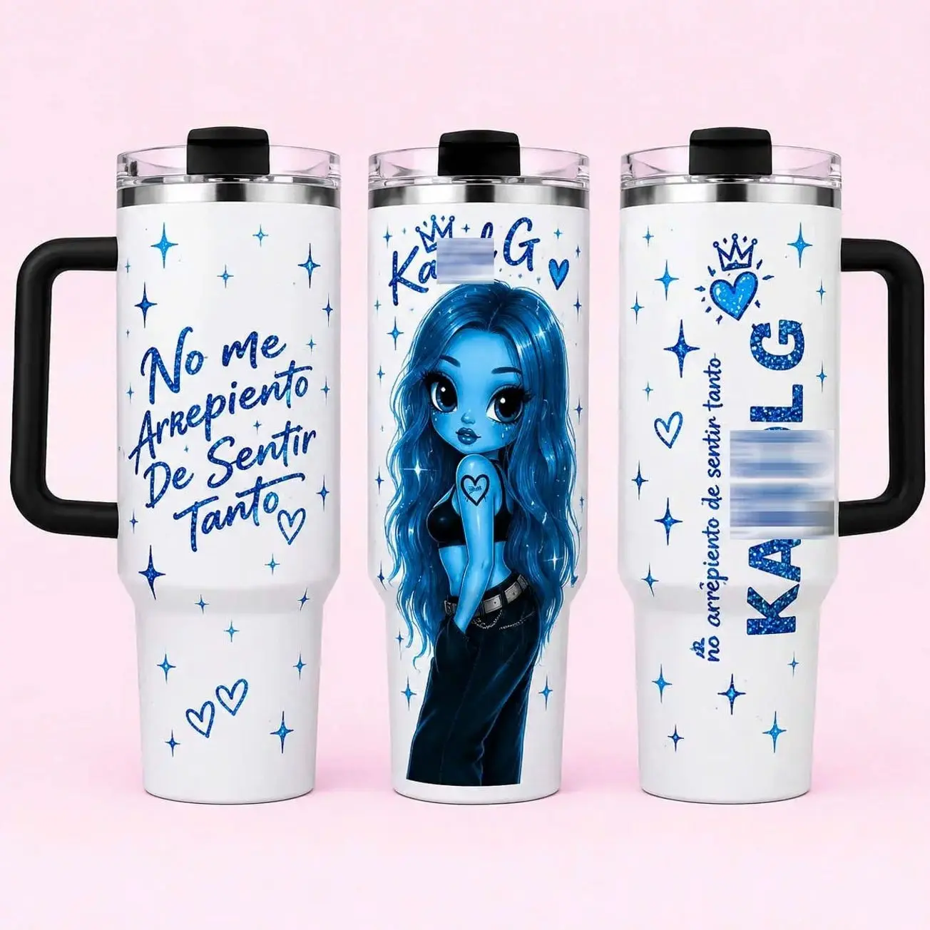 New Album No Me Arrepiento De Sentir Tanto #6 Manana Sera Bonito Inspired 40oz Tumbler with Handle, Blue Girl Neon Star Full Wrap Travel Cup, Stainless Steel Insulated Mug, Latin Music Fan Gift