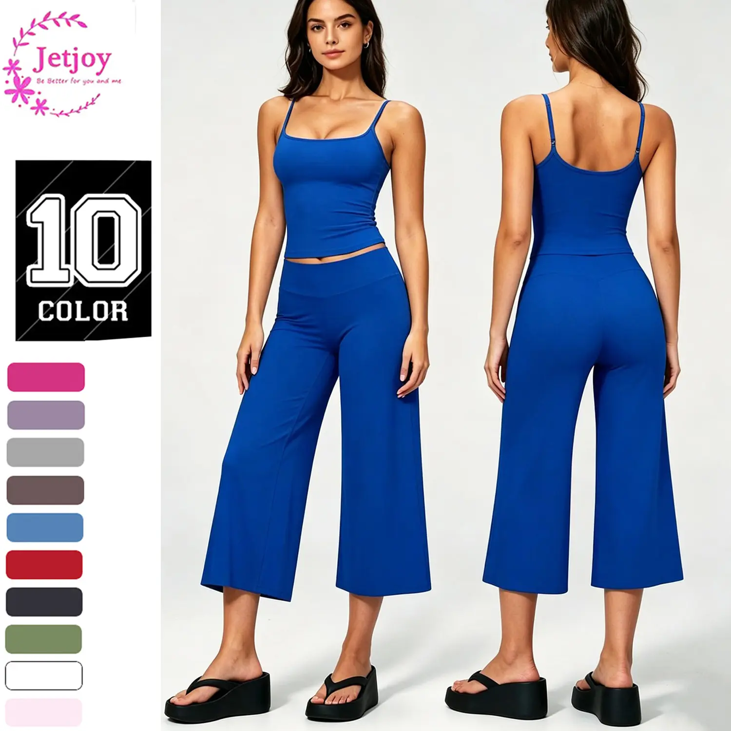 Jetjoy Going Out Sets for Women 2 Pieces,  Yoga Tank Top+High Waist Mid-Length Capri straight-leg pants straight-leg Pants Running Yoga Set for Women,  Spaghetti Straps Crop Top Matching Wide Leg Capri Pants Gym Work Pilates Outfits Womenswear Suits