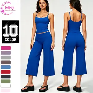 Jetjoy Going Out Sets for Women 2 Pieces,  Yoga Tank Top+High Waist Mid-Length Capri straight-leg pants straight-leg Pants Running Yoga Set for Women,  Spaghetti Straps Crop Top Matching Wide Leg Capri Pants Gym Work Pilates Outfits Womenswear Suits