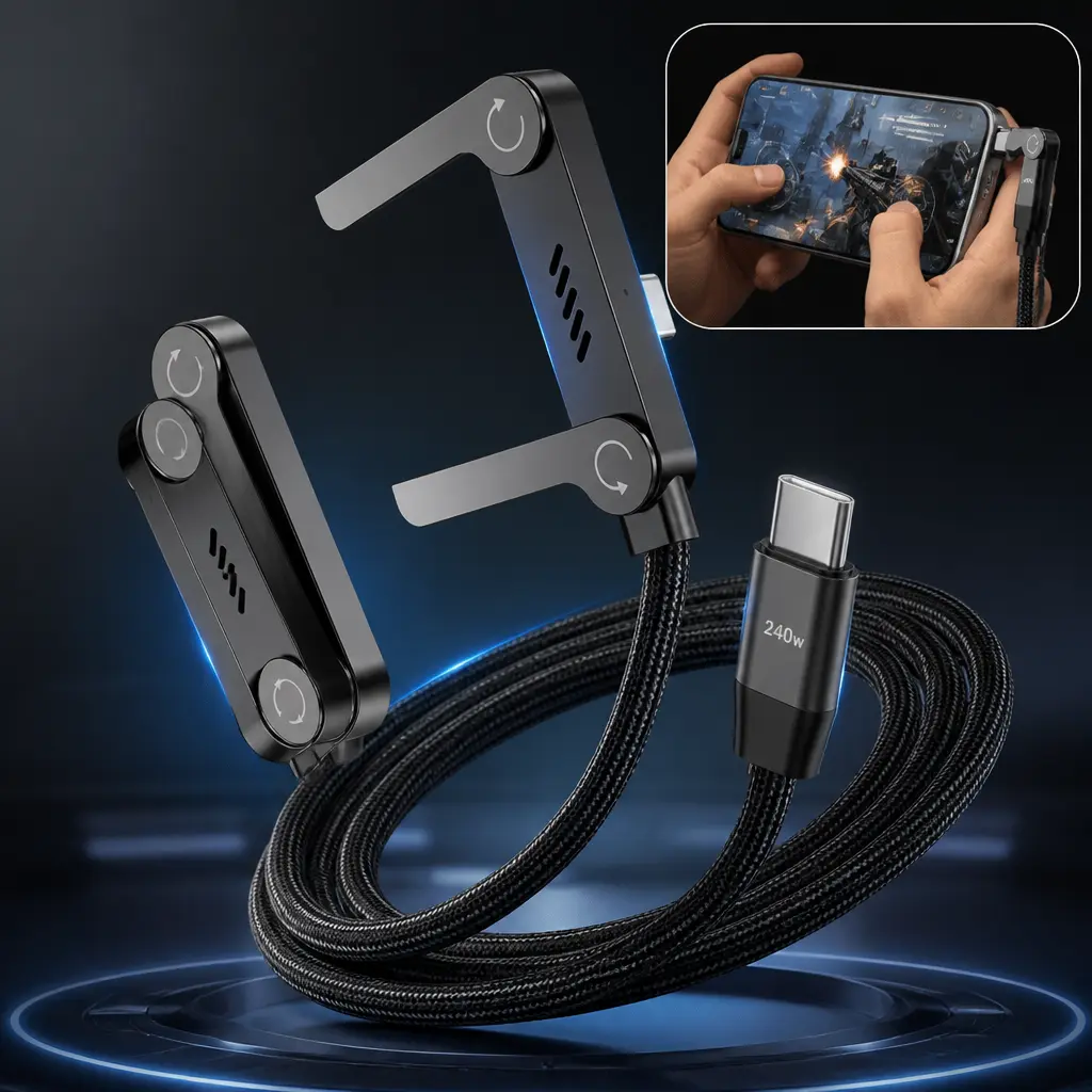 240W USB-C to USB-C Fast Charging Cable with Hidden Phone Stand, 2-in-1 Type-C Charger Cord & Built-In Phone Holder for Gaming, Office, Desk, Travel & Everyday Use, Black