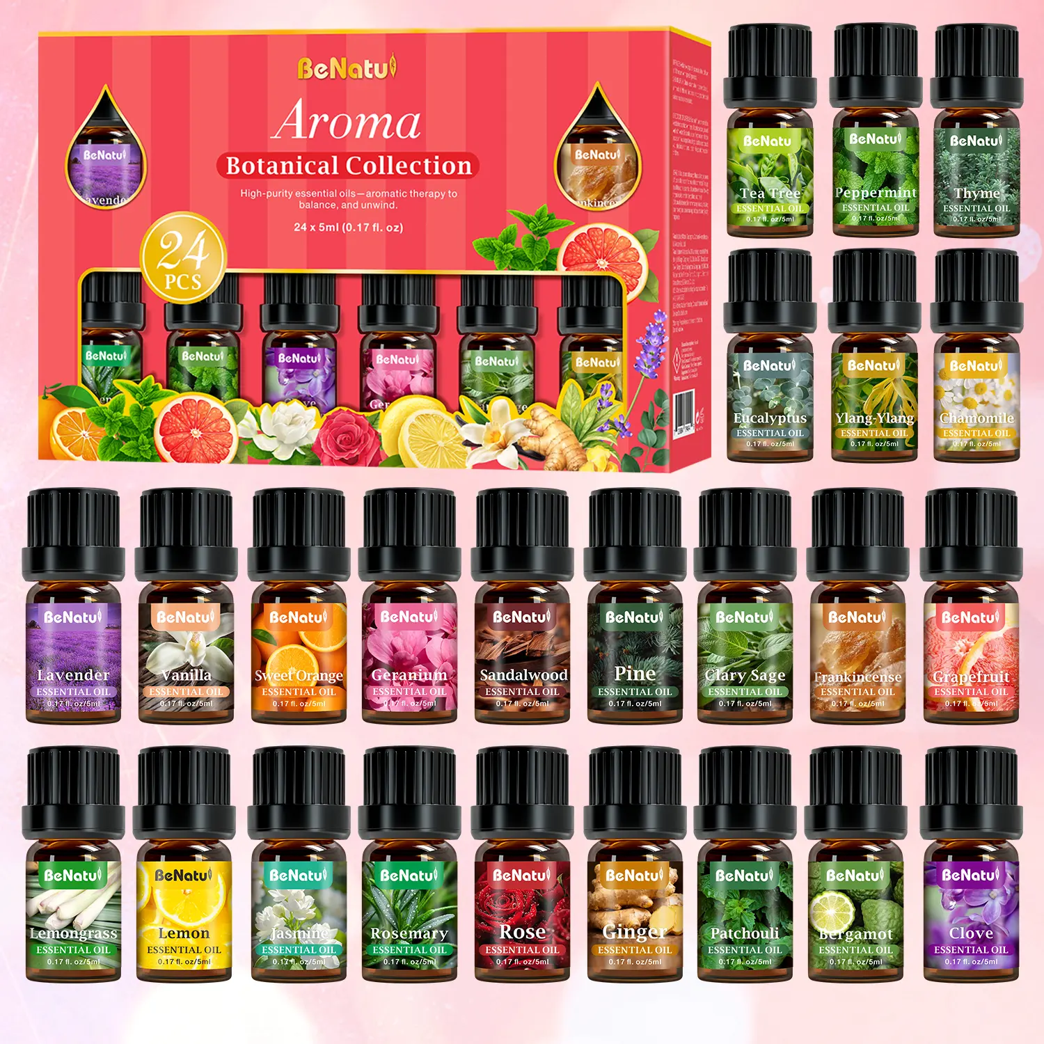 Benatu Aroma Botanical Collection Essential Oils Set 24 Natural Fragrance Oils for Diffuser Candle Soap Making Aroma Perfume Scented Liquid Aromatic