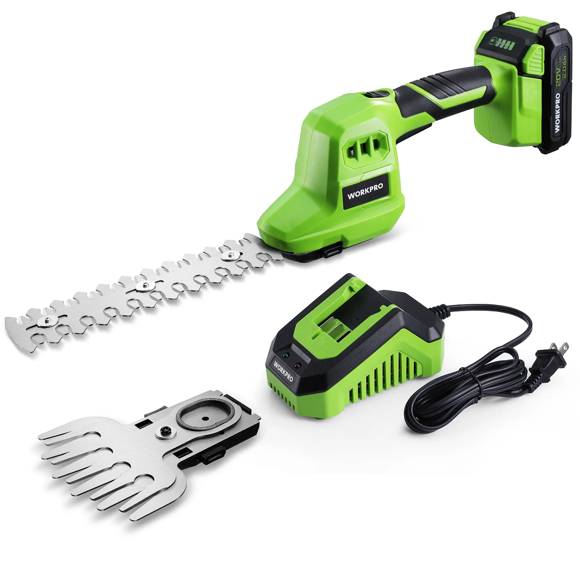 #backtoschool WORKPRO 20V Cordless Grass Shear & Shrubbery Trimmer-2 in 1 Handheld Hedge Trimmer, Electric Grass Trimmer Hedge Shear/Grass Cutter with 2.0Ah Rechargeable Lithium-Ion Battery and 1 Hour Fast Charger