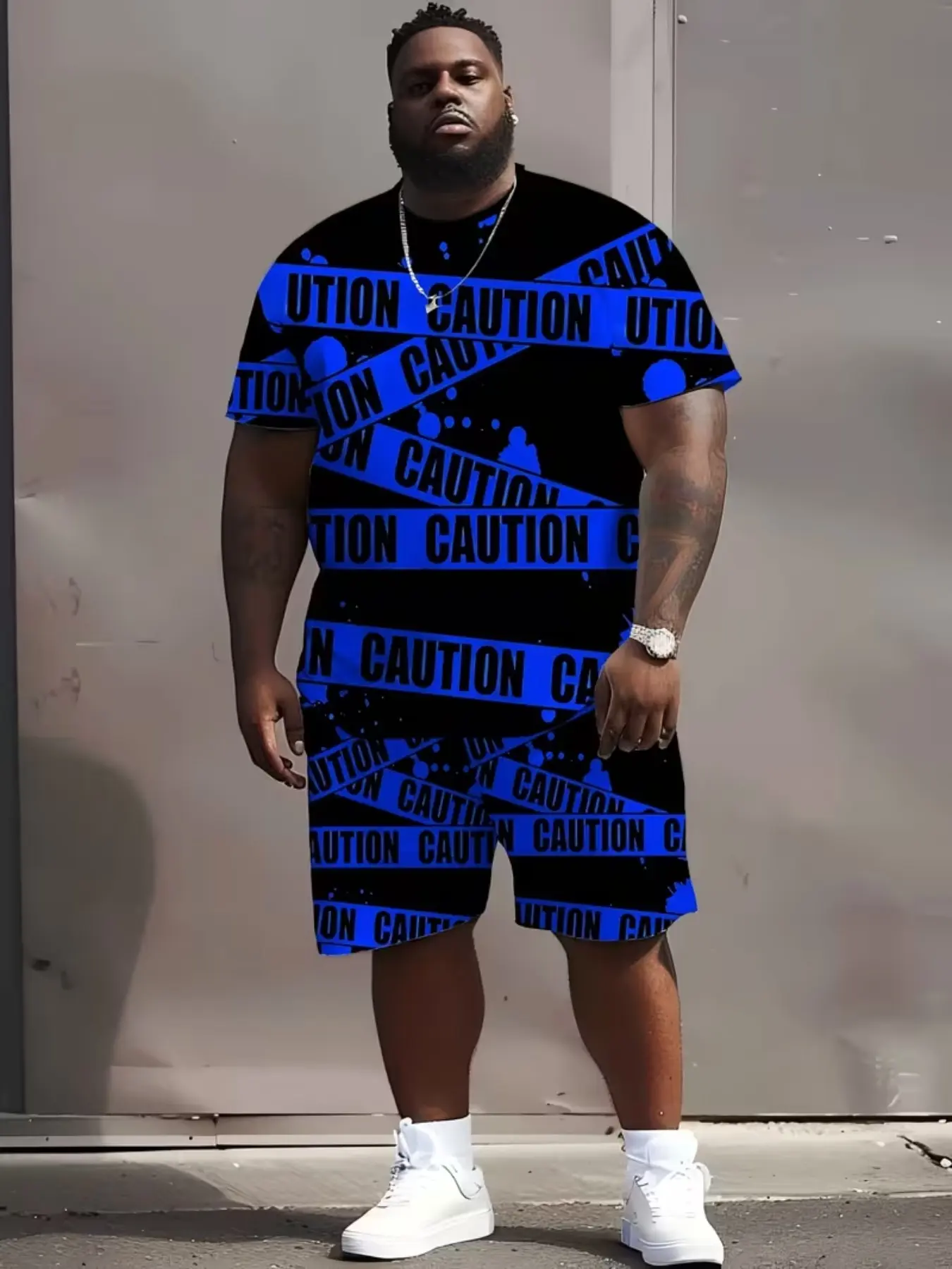 Men's Streetwear Set, Reflective Tape Print, Men's T-Shirt and Shorts, Summer Casual Sports Wear, Breathable, Large Size Suit, Loose Fit