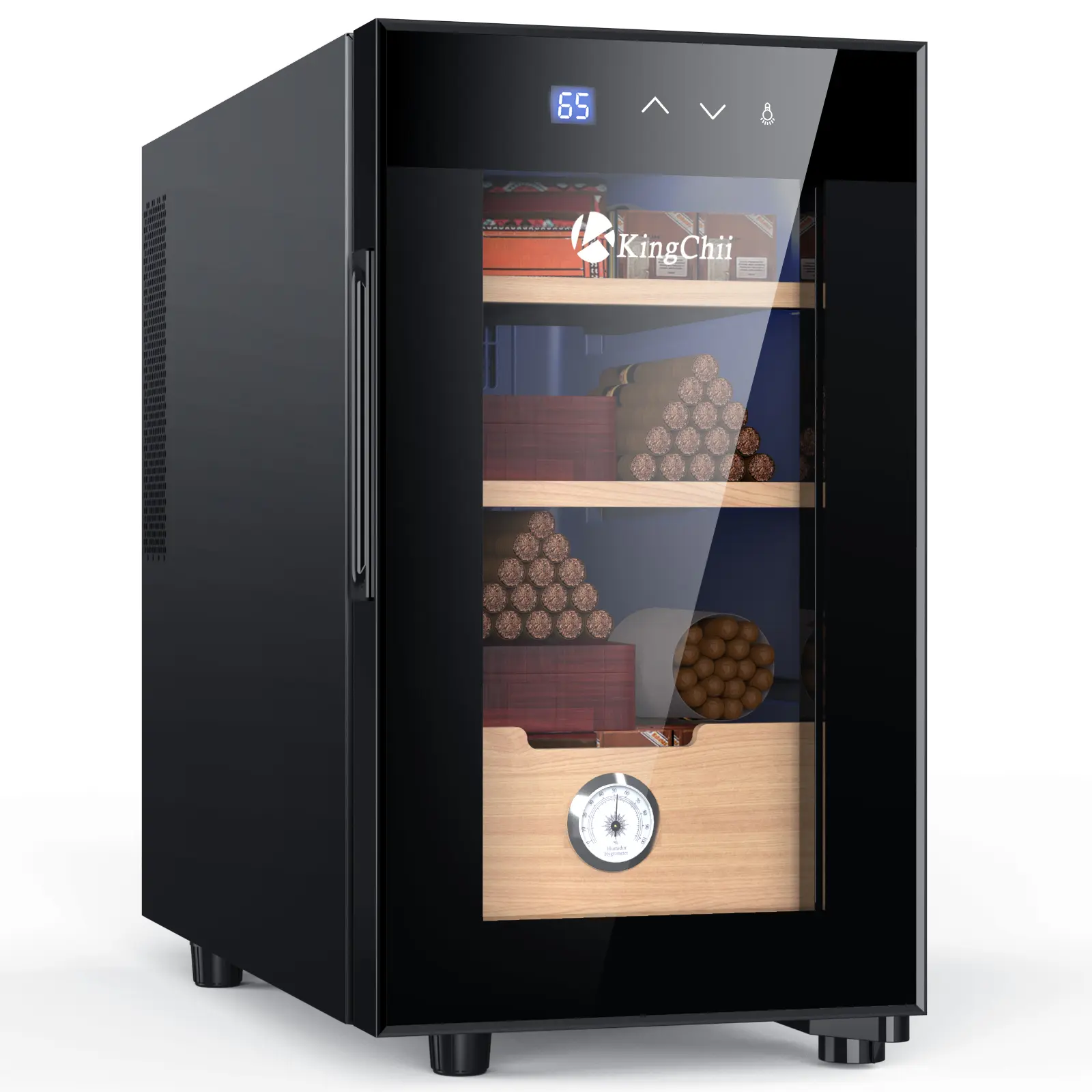 KINGCHII Durable 23L Electronic Storage Cabinet - 150 Capacity, Temperature Control, Cedar Shelves, Built-in Hygrometer, Easy-Clean Glass Doors, 20.2lb, Dual-Functionality Household Humidifier Appliance