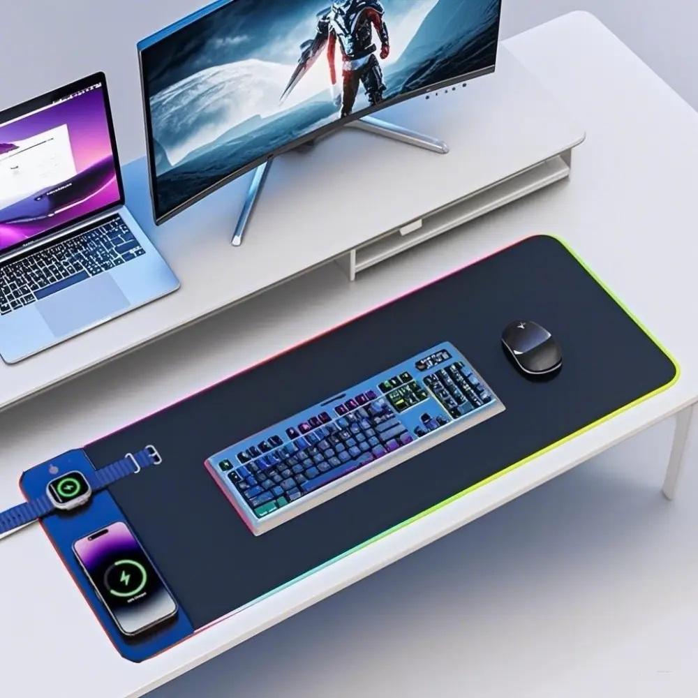 XXL Gaming Mouse Pad,RGB Mouse Pad with 15W Wireless Charging,Waterproof LED Desk Mat with Phone Holder,C-C,Fast Charge for Qi-Enabled Phones