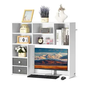 summervibes 3-Tier Desktop Bookshelf, 37x10x31.1 in Wood Office Storage Rack Display Shelf with 2 Fabric Drawers, Work Tools Desktop Storage Organizer Hutch for Office, Home Dorm, White