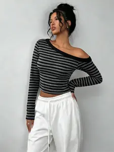 Women's Sleek Striped One-Shoulder Crop Top | Figure-hugging stretchy long sleeve tee, trendy black & grey striped off-shoulder top perfect for everyday streetwear & chic casual outings
