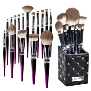 16PCS Ultra Soft Labeled Makeup Brushes Set with HOLDER case Cosmetic make up brush set (Black Rose Red+Holder)