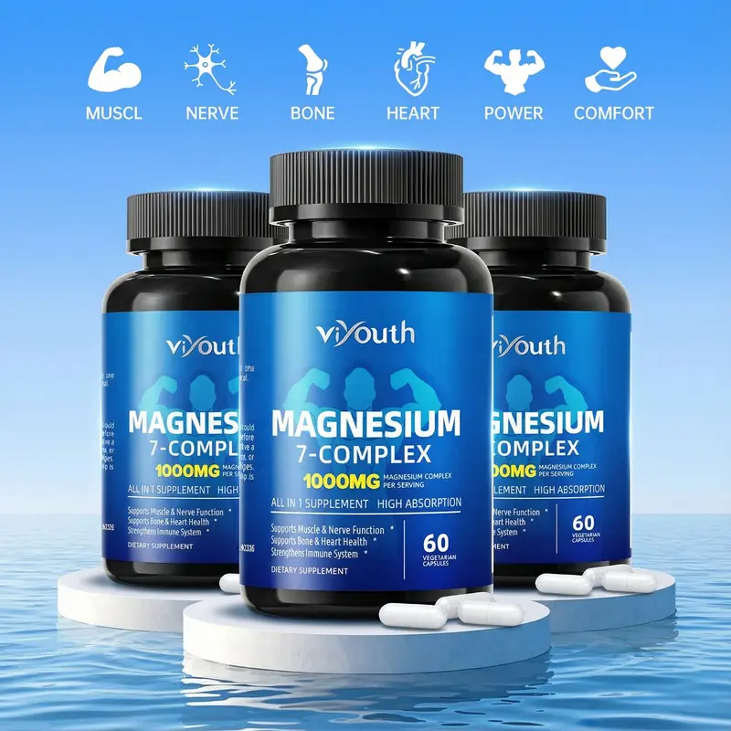 Viyouth Triple-Bottle Magnesium Zinc Complex – 1000mg of 7 Essential Magnesium Types per Serving for Consistent Nerve, Bone, Heart & Digestive Support – Independently Tested, 90-Day Supply