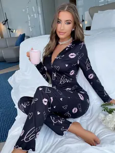 Women's Soft Skin-Friendly Casual Home Jumpsuit, Lipprint Heart Print, Long Sleeve Fitted Slimming Sexy Comfortable Loungewear