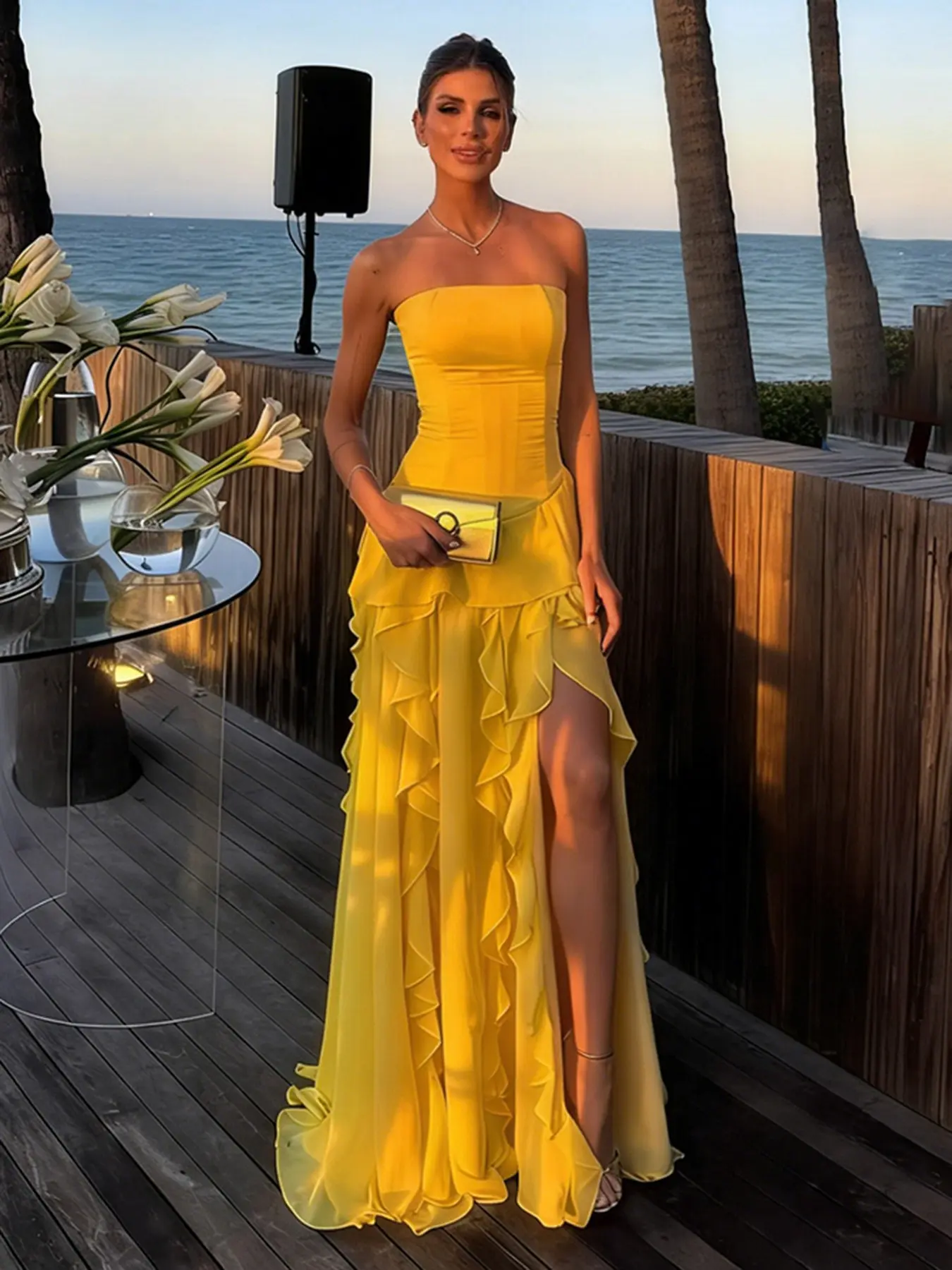 High-end Banquet Style Irregular Wavy Ribbon Side Slit Party Dress. Slim High Waist Flowy Backless Strapless Sleeveless Dress. Retro Plain Formal Occasion Formal Wear Midi Dress.