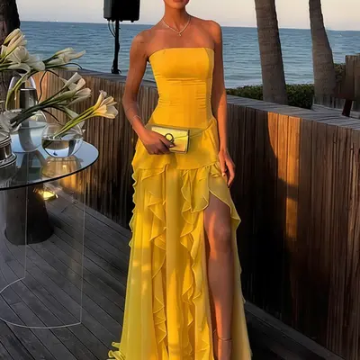 yellow dress semi formal Simple satin long prom yellow dress Pro since 2009. Short Yellow Homecoming Party Dress