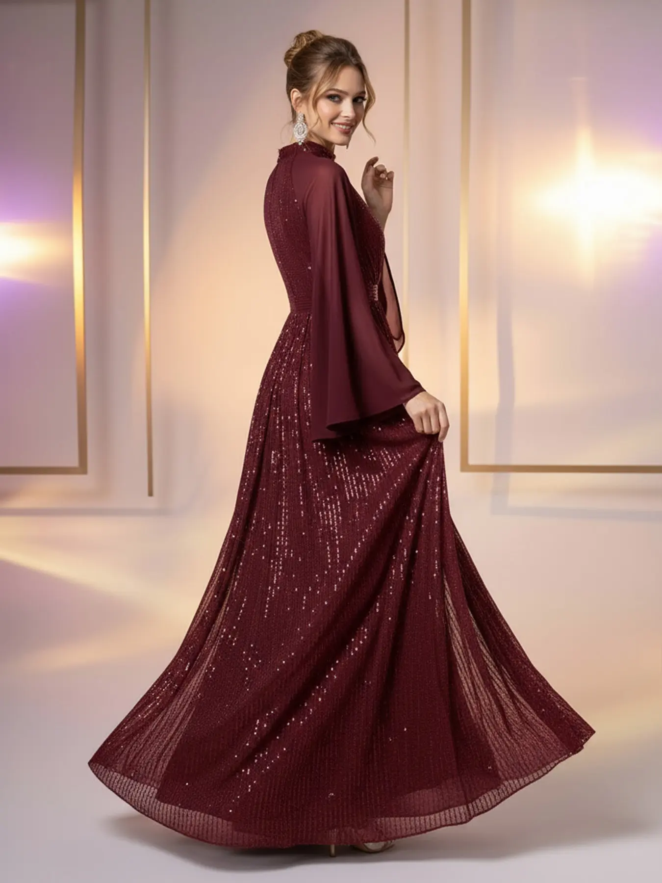 Burgundy sequin maxi dress with a stand-up collar, bell sleeves and Long  Sleeves, featuring an
