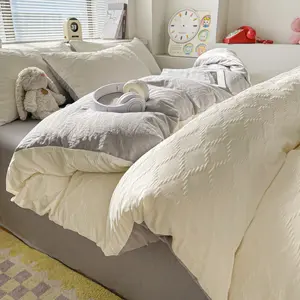 4-piece Washed Cotton Spring and Summer Rhombus Grid Double-parcel Bedding Set, Soft Bedding Sets (including 1 Quilt Cover + 1 Bed Sheet + 2 Pillowcases) - Common in Bedrooms, Dormitories, Easy To Take Care Of