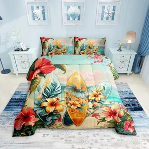 Surfing Kids Comforter Set,Tropical Palm Trees Leaves Flowers Bedding Set,Boys Girls Room Decor,Surfboards Summer Beach Down Comforter,Blue Red Colorful Duvet Insert