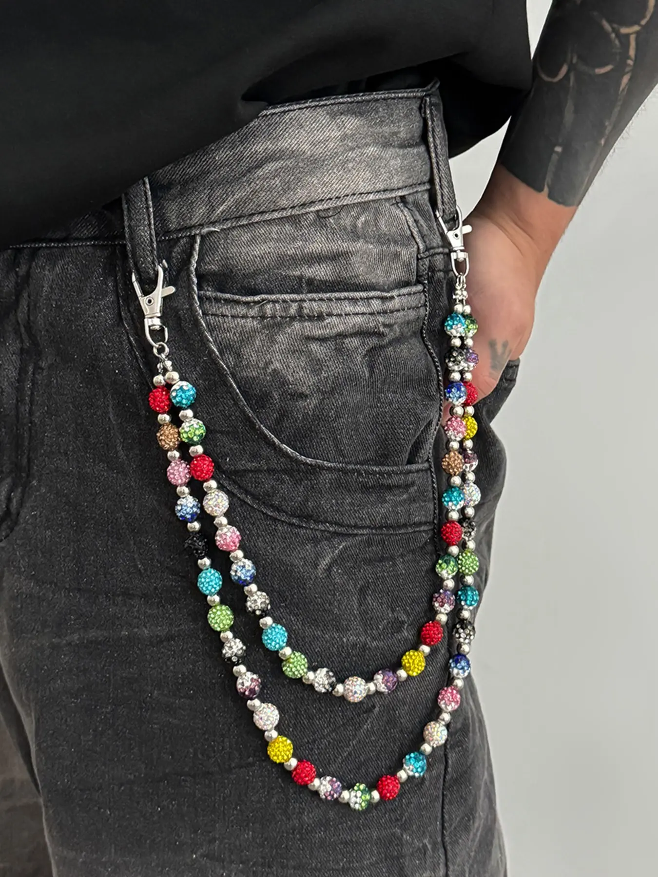 1pc rhinestone Layered Pants Chains for Men Women Multi-Layer Colorful rhinestone Waist Chain Men's Charming Body Chain, For Pants Decoration Punk Jeans Waist Pocket Chain Suitable For Casual, Music Festival, Party Wear, Fashion Body Jewelry