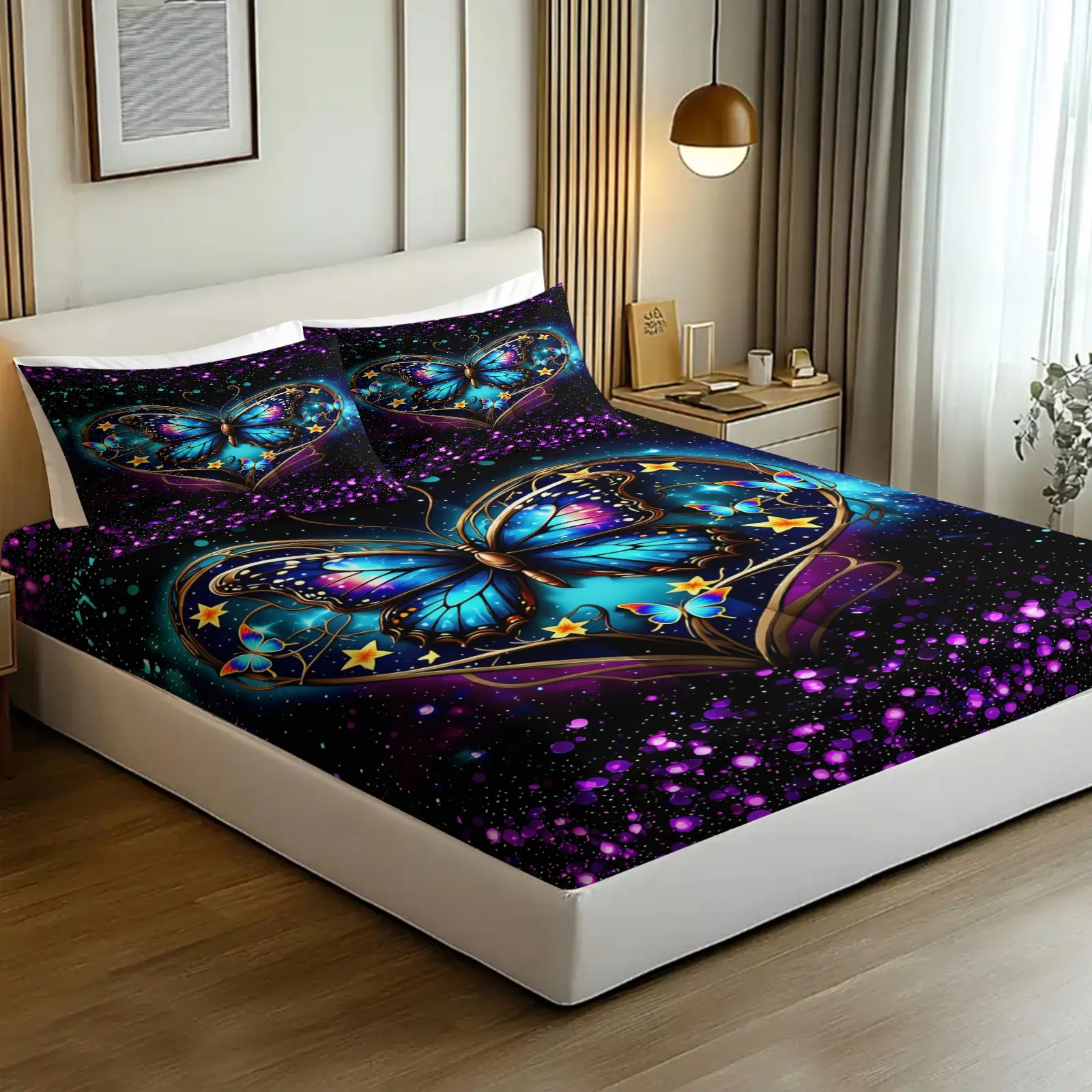 Butterfly Bedding Fitted Sheet Set,Romantic Love Flower Glitter Bed Breathable Fitted Sheet for Room Decor,Blue Butterfly Fitted Sheet Sets,1 Fitted Sheet+2 Pillowcases, Decorative Bedsheet Sets