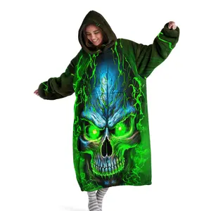 Hoodie blanket, wearable blanket, green skull print hooded wearable blanket, digital printed flannel blanket, soft and warm blanket suitable for sofa cover, air conditioning blanket, nap blanket, office bed, camping trip, Ghost Face Blanket