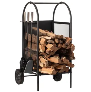 Gardenised QI004553 Indoor and Outdoor Patio Iron Firewood Log Cart with Wheels and Fireplace Tool Set, Black