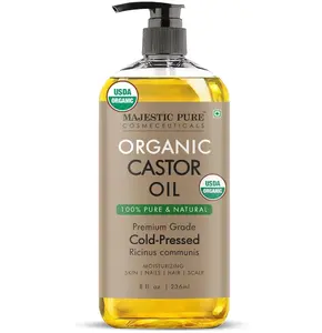 Majestic Pure USDA Organic Castor Oil 8 Fl Oz - 100% Pure and Natural- Cold Pressed & Hexane Free Natural Hair Growth Oil for Eyelashes, Eyebrows, Skin, Body, Face, Nails & Scalp
