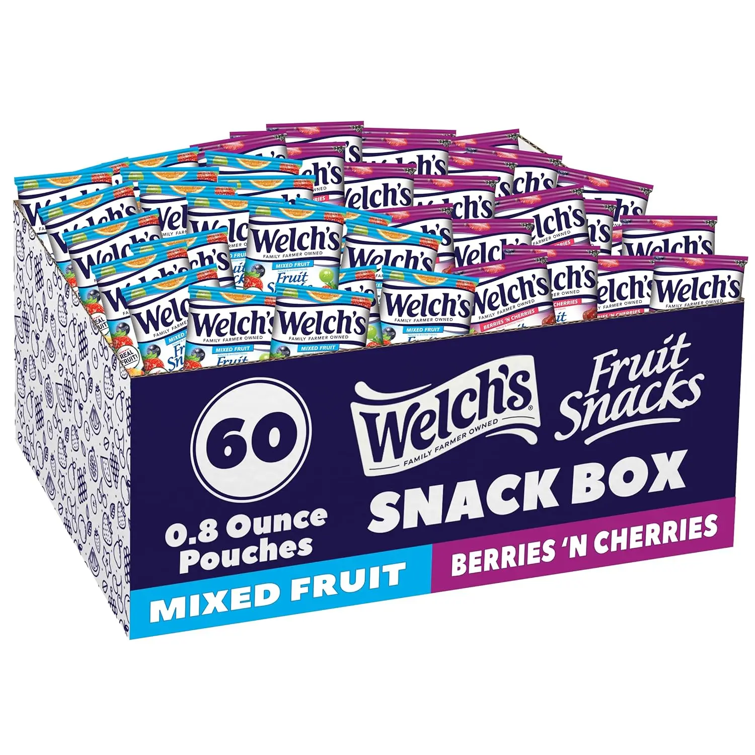 Welch's Fruit Snacks, Mixed Fruit & Berries 'N Cherries Variety Pack, Great for School Lunches, Bulk Pack, Halloween Treats, Individual Single Serve Bags, 0.8 oz (Pack of 60)