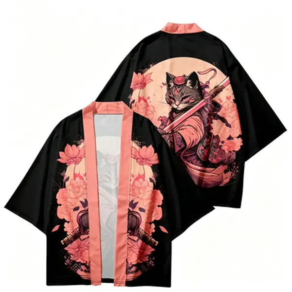 Summer Japanese-style printed cape, versatile open-front cardigan with three-quarter sleeves