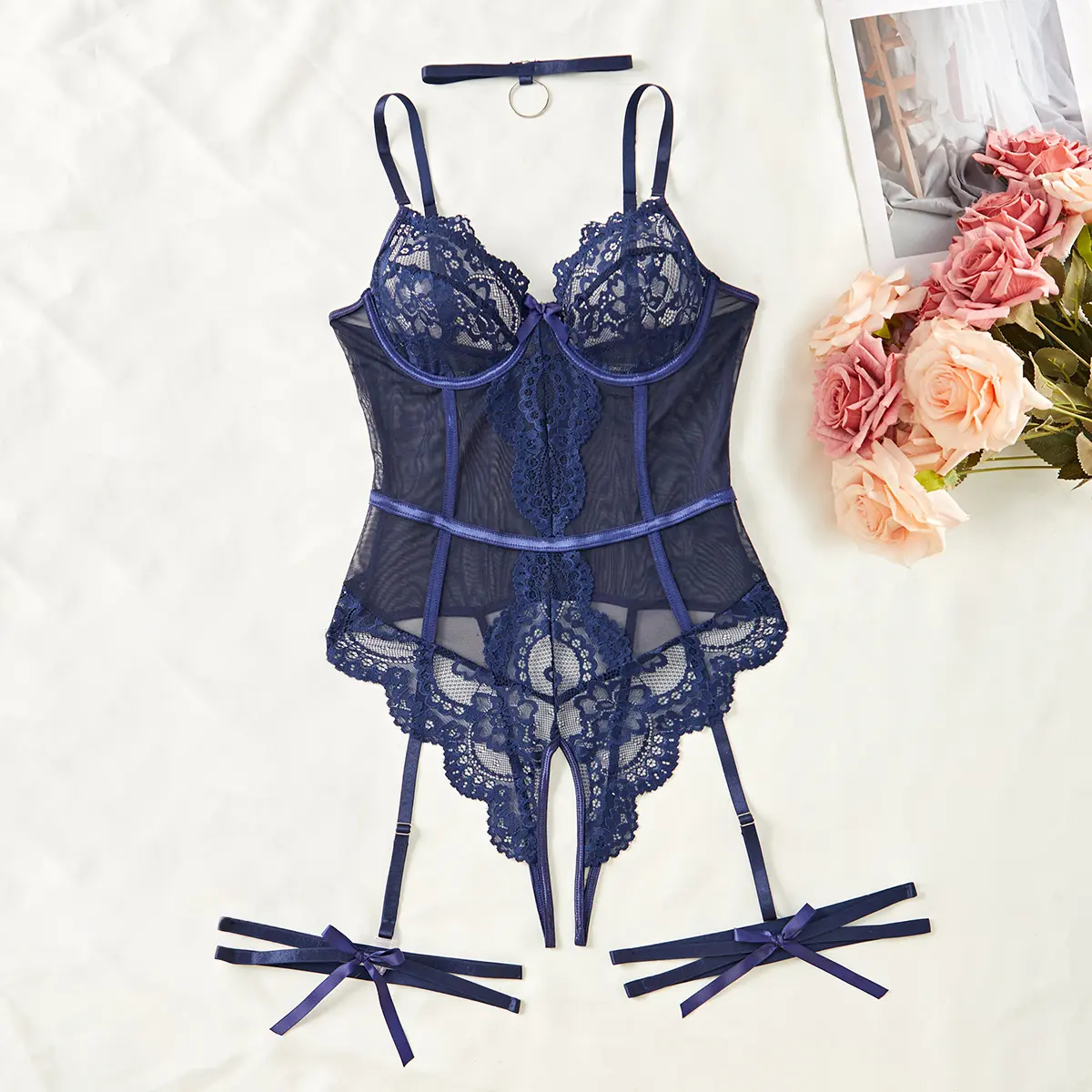 Women's 4-Piece Sexy Lingerie Set, Floral Lace Teddy Bodysuit with Neck & Thigh Rings, Crotchless Fitted Cut Valentine Gift Set, Navy Blue, Lady, Costume, Clothes, Hand Wash Only, Polyester, Lace Tulle Bodysuit, Sheer Lace Lingerie