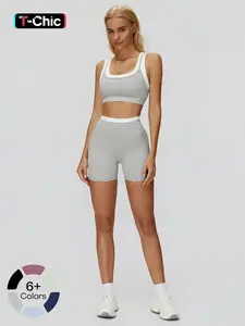 Women's Two-Piece Colorblock Yoga Set, High-Waisted Ribbed Casual Fitness Sportswear All Seasons, Versatile Gym Workout