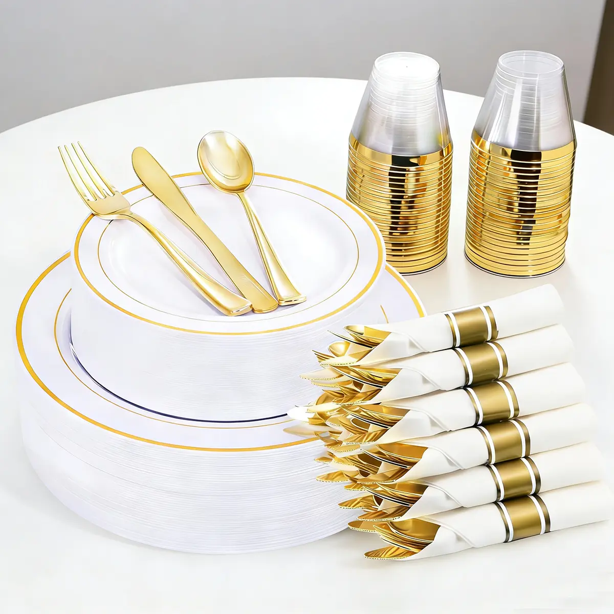 Elegant Gold Disposable Tableware Set - 10/25 Count, Set for 10 People, Eco-Friendly Gold Plastic Plates, Cups, Forks & Spoons, No-Clean Party Supplies for Weddings, Celebrations