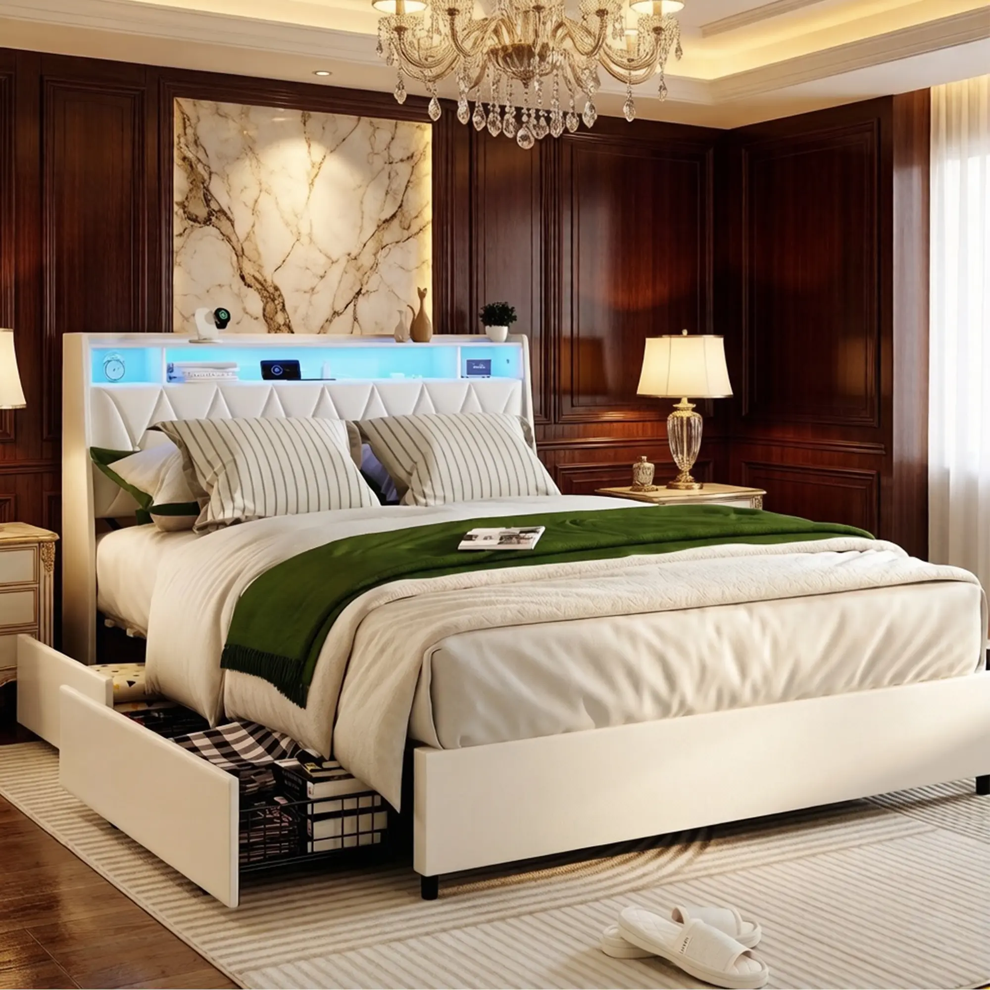Queen Size Bed Frame with Storage Headboard & LED Light, Upholstered Queen Platform Bed with Charging Station & 4 Drawers, Modern Queen Platform Bed Frame for Bedroom, No Box Spring Needed, Noise-Free, Easy Assembly (White)