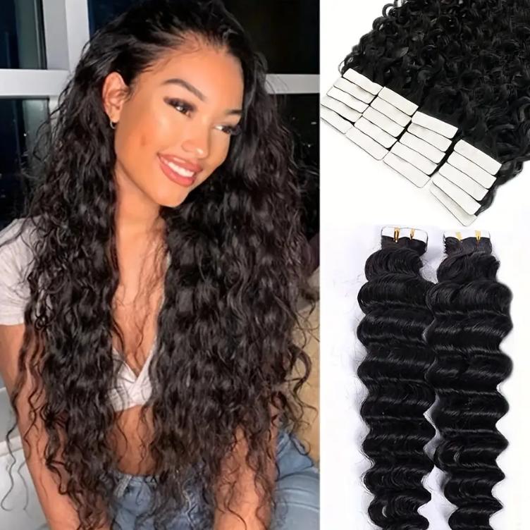 Human Hair Tape in Extensions for Women, Natural Black Remy Deep Wave 12-28 Inch, Seamless Double Weft Glue-In, Middle Eastern Collection 20pcs 30g, Suitable for All Ethnicities