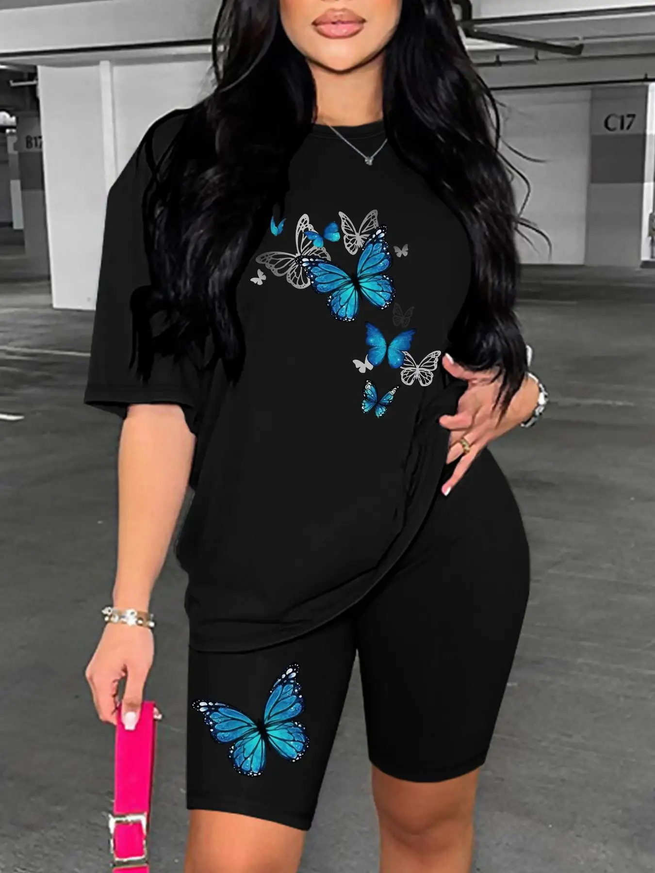 Two-piece Set Women's Cartoon Butterfly Print Tee & High Waist Shorts Set, Casual Half Sleeve T-shirt & Skinny Shorts, Ladies Summer Clothes