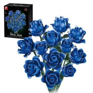 585+ Pcs Blue Rose Bouquet Building Blocks Decorations, DIY Rose Block Set, Home Desktop Ornament, Valentine's Day Gift, No Vase Included