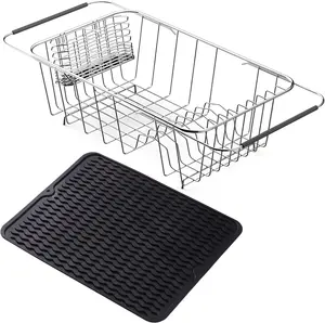Expandable Dish Drying Rack, Drainage Rack Over Sink, Stainless Steel Dish Drainer Rack Organizer in Sink, Dish Drainer Basket