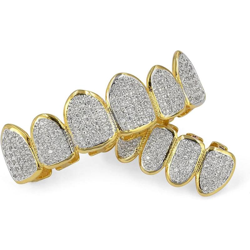Grills for Your Teeth Simulated Diamond Teeth Grillz with Extra Molding Bars Included 18K Gold Plated Iced Out Cubic Zirconia Teeth for Men Women Silicon Oral Adjustable Silicone