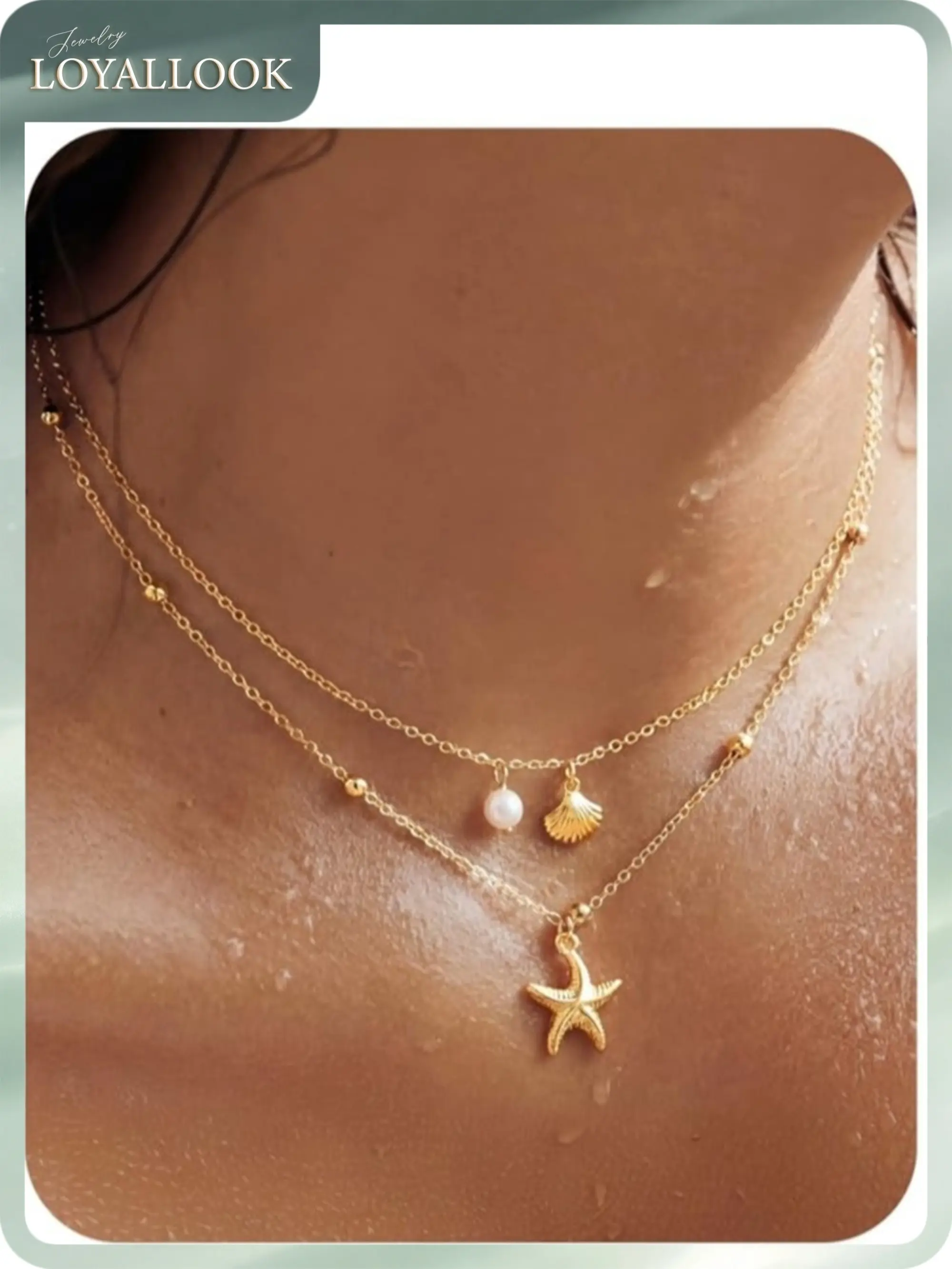 LOYALLOOK Shell Starfish Necklace for Women, 14k Gold Plated Dainty Layered SeaShell Conch Starfish Beaded Charm Necklace Stack, Non Tarnish Waterproof Gold Beach Accessories for Summer Vacation