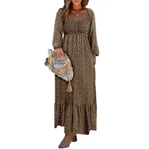 DOKOTOO Women's Boho Floral Smocked Empire Waist Square Neck Long Sleeve Button Beach Maxi Dress Sundress Brown Viscose Fitted Flowy Ruffle Hem DOKOTOO Women's Boho Floral Smocked Empire Waist Square Neck Long Sleeve Button Beach Maxi Dress Sundress Brown Viscose Fitted Flowy Ruffle Hem